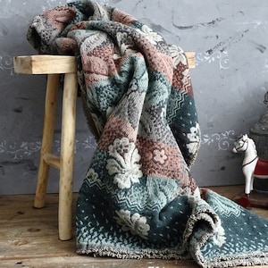 French Woven Floral Jacquard Fabric: Green Cotton Brocade Tapestry