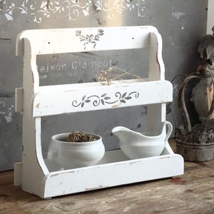 White Wood Spice Rack: 2-Tier Distressed Kitchen Organizer image 3
