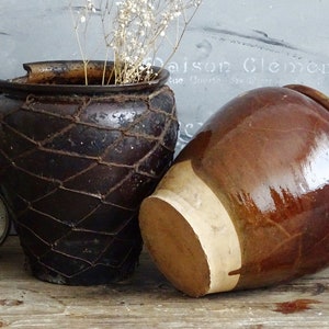 Antique Stoneware Pottery Pot: Rustic French Farmhouse Vase