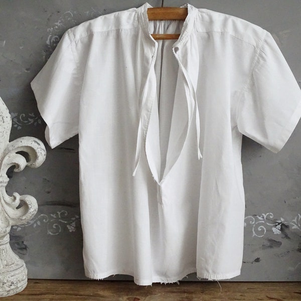 Antique French Linen Shirt Long Sleeve, Victorian Peasant Blouse, Night Shirt White Cotton Lace, Garment, Smock, Primitive Women Clothes L