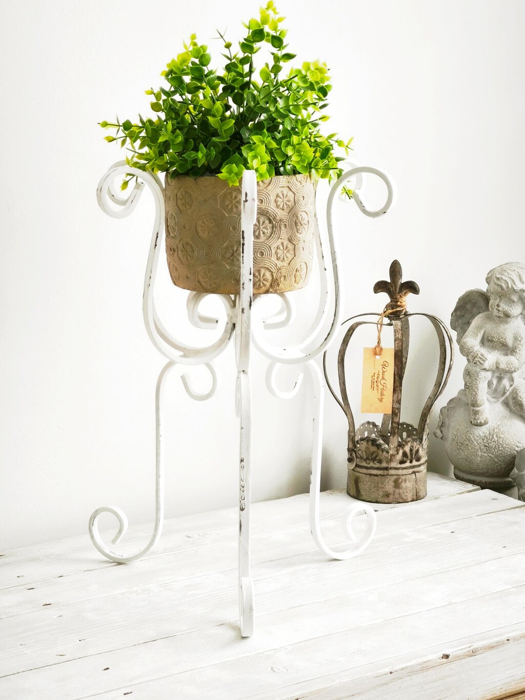 Supporto Per Piante In Metallo A Due Livelli – Ferro Battuto Bianco Antiruggine – 51x25 Cm Per Balcone, Giardino, Interno