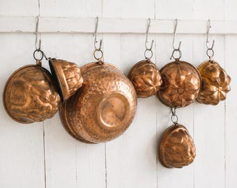 Molde de cobre francés para gelatina: Utensilios de repostería florales vintage, decoración de cocina rústica.
