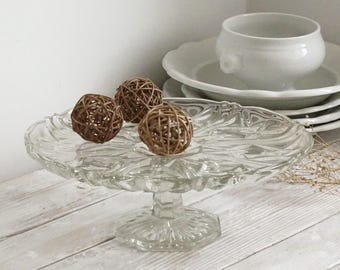 Vintage Pressed Glass Cake Stand: Footed Dessert Display, 10.6&quot;