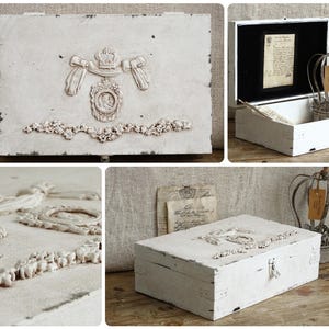 Scatola di legno bianco invecchiato Cameo Girlande ornamenti in argilla, grande scatola shabby chic, scatola anticata, baule del tesoro di cianfrusaglie in legno, scatola di stoccaggio espositiva