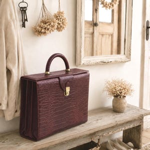 Vintage Maroon Embossed Leather Briefcase, Crocodile Pattern Doctor Bag