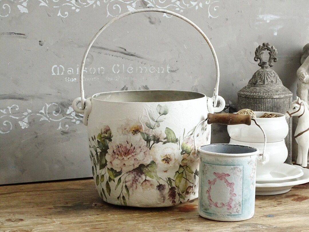 Decoupaged White Metal Bucket, White Floral Enamel Can, Large Decorated