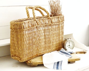 Large French Straw Market Basket Bag Handmade Natural Basket Shopper Vintage Hand Woven Shopping Bag Straw Pickic or Beach Bag Top Handles