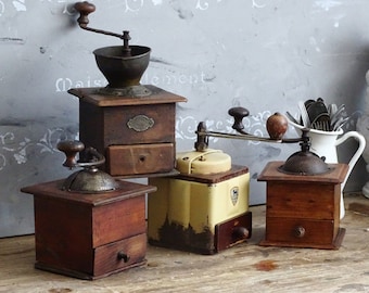 Antique Peugeot Freres Coffee Grinder, Rustic Manual Wood Coffee Grinder Hand Crank, French Farmhouse Country Kitchen Decor, Coffee Gift