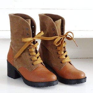 Suede Leather Ankle Boots Lace Up, Platform Mid Calf Boots Mid Chunky Heel, Cowboy Style Lace Up Boots, Leather Booties US 8.5 EU 39 UK 6.5