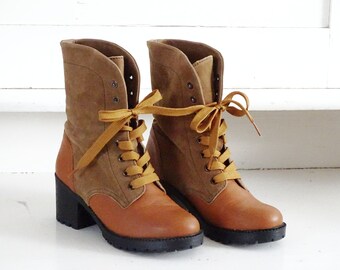 Suede Leather Ankle Boots Lace Up, Platform Mid Calf Boots Mid Chunky Heel, Cowboy Style Lace Up Boots, Leather Booties US 8.5 EU 39 UK 6.5