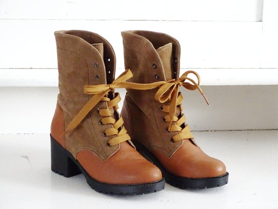 Suede Leather Ankle Boots Lace Up, Platform Mid Calf Boots Mid Chunky Heel, Cowboy Style Lace Up Boots, Leather Booties US 8.5 EU 39 UK 6.5