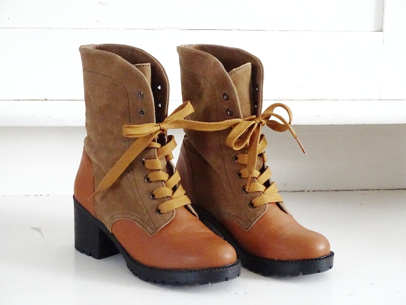 Suede Leather Ankle Boots Lace Up, Platform Mid Calf Boots Mid Chunky Heel, Cowboy Style Lace Up Boots, Leather Booties US 8.5 EU 39 UK 6.5 image 1