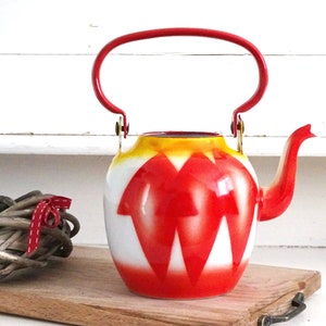 Retro Enamel Tea Kettle: Red Yellow Farmhouse Kitchen Decor