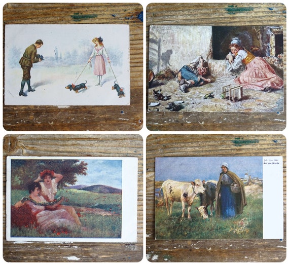 10 Original Antique Postcards W/ Stamps, European Philately