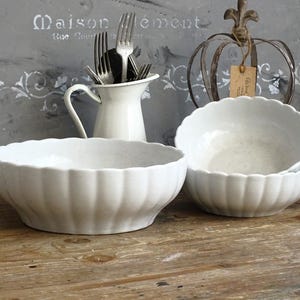 Antique Ironstone Bowl Scallops, Large Transferware Serving Bowl, Mixing Bowl, White Ceramic Tableware, Stoneware Bowl, Farmhouse Kitchen