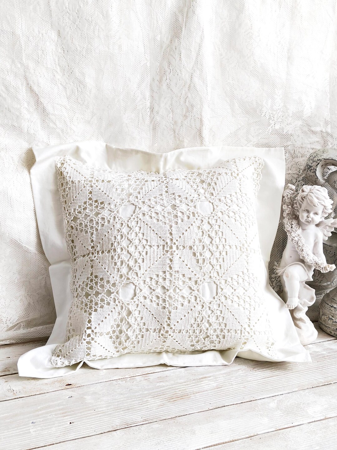 Hand Crochet Lace Throw Pillowcase: Romantic Farmhouse Linen