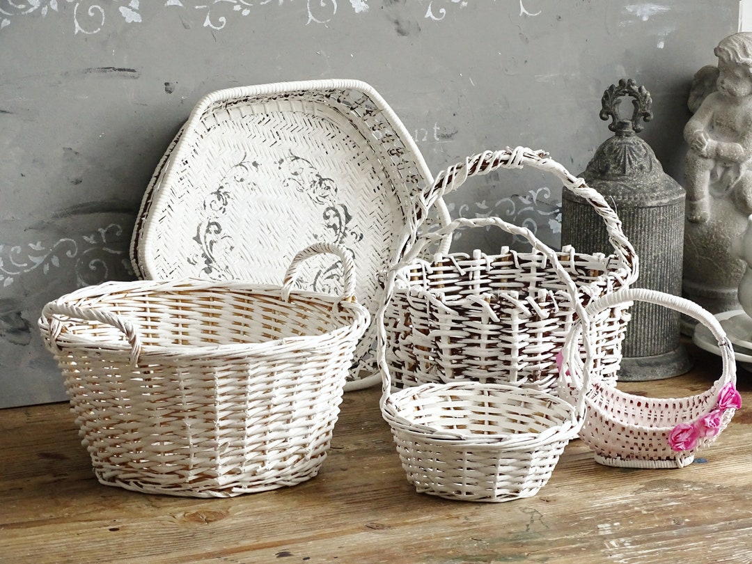 White Wicker Basket Handle Gondola Wicker Woven Basket Painted Small Flower Posy Basket Boho Decorative Gathering Storage Basket Shabby Chic Etsy UK