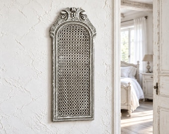 Hand Carved Wood Wall Panel, French Style Cane Wall Decor, Ornate Gray and White Shabby Chic Decoration