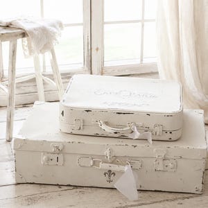 White or Gray Suitcase, Shabby Chic Painted French Stackable Travel Luggage Leather Suitcase, Wedding Cards Storage Organizer
