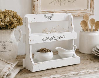 White Wood Spice Rack: 2-Tier Distressed Kitchen Organizer
