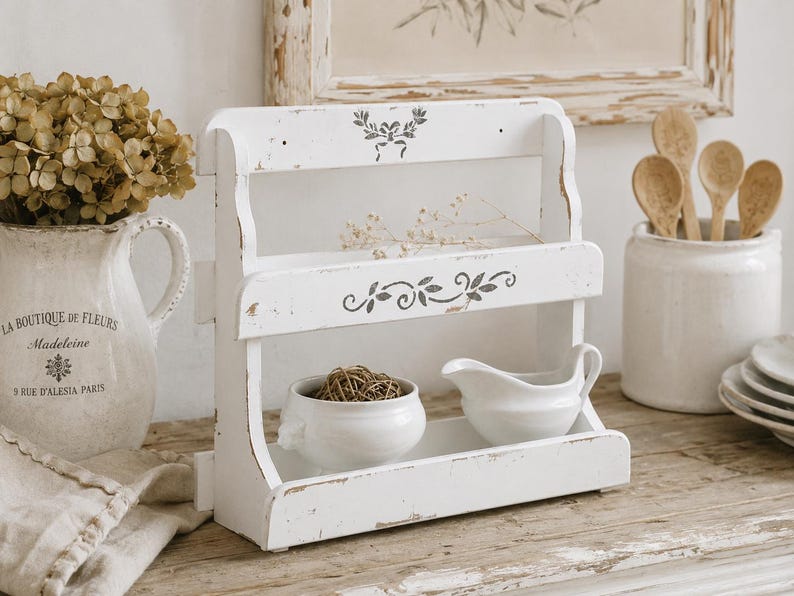 May include: A white wooden two-tier shelf with a distressed finish and gray stenciled floral motifs. The shelf features an open design with two horizontal surfaces, currently holding a small white ceramic bowl and a white ceramic gravy boat.