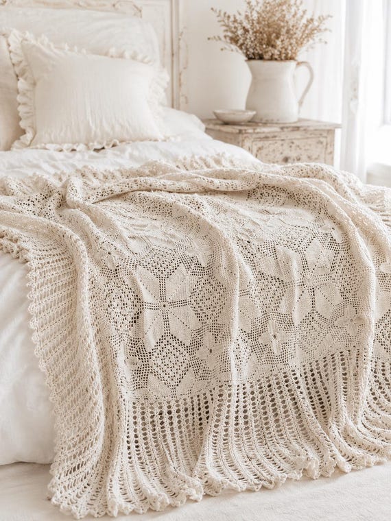 Französische handgemachte Häkeldecke Jakobsmuscheln, natürliche beige Baumwolldecke rustikale Tagesdecke, Bettwäsche, neutrale Bettdecke, Häkelspitze Sofa werfen