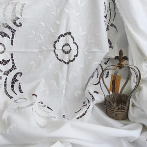 French Richelieu Lace Bedspread: Antique White Cotton Floral Cutwork