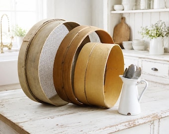 Tamiz de madera para harina, tamiz de madera curvada para granos, decoración rústica de cocina de granja, tamiz de malla de madera, decoración rústica campestre francesa