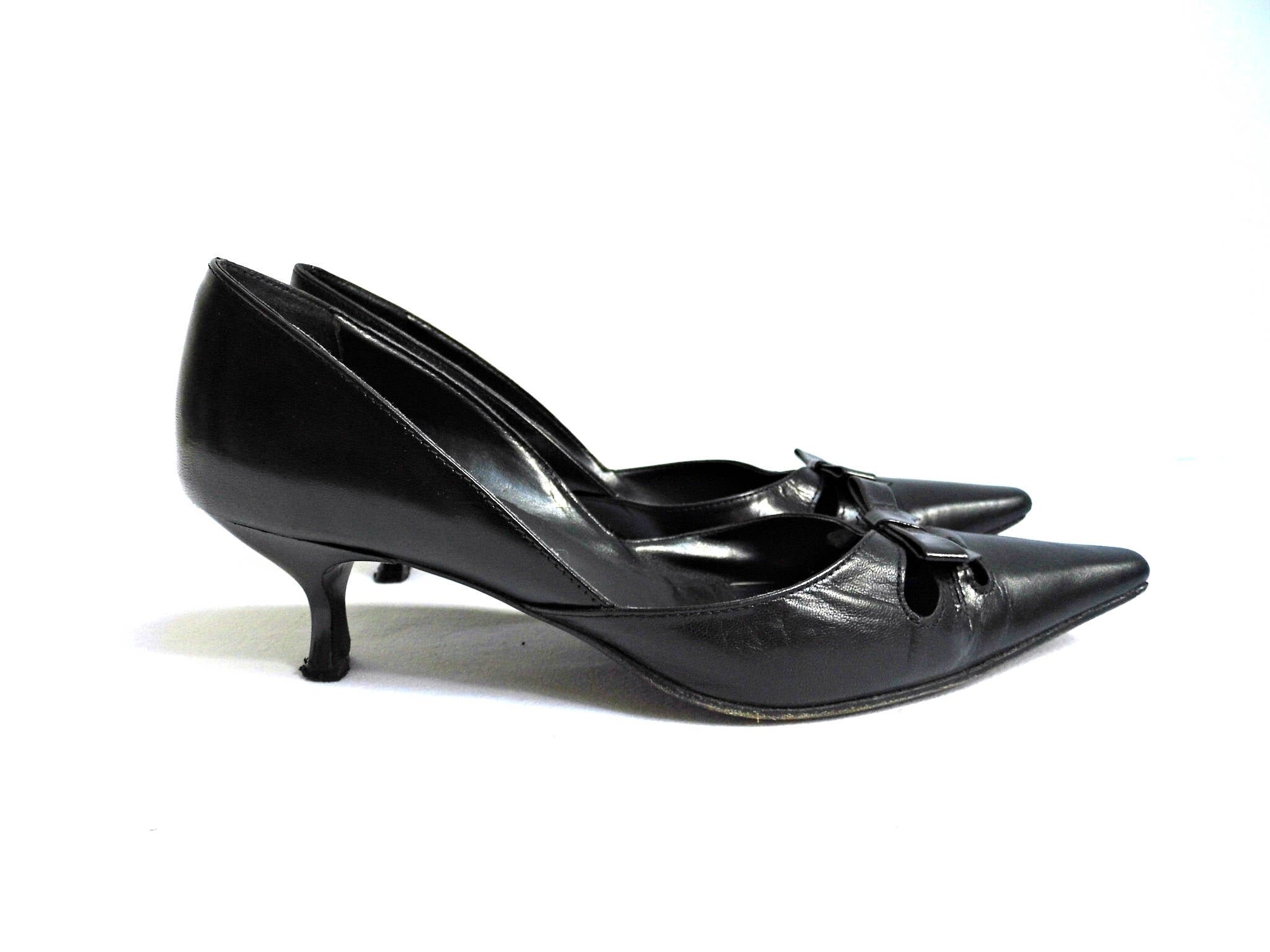 Chanel Black Leather Pointed Toe Bow Slim Heel Pumps Shoes Size 37c