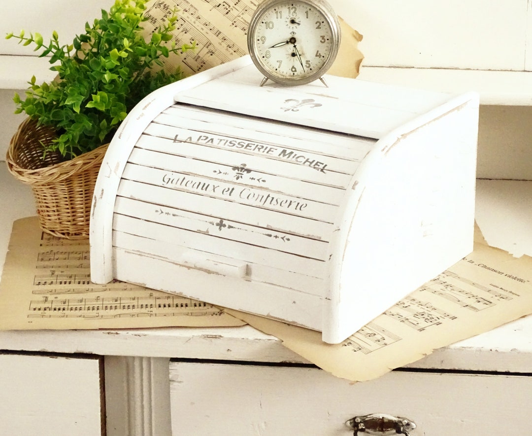 White Wood Bread Box Roll Top, Farmhouse Bread Bin, Bread Container