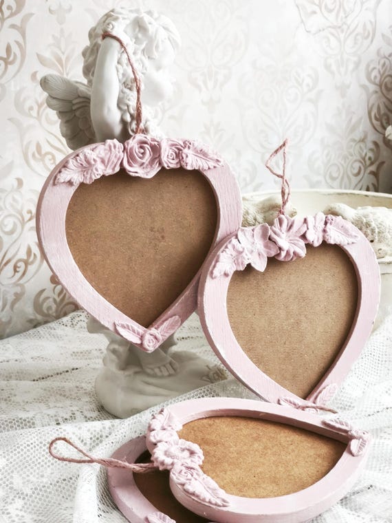 Pink Wood Heart Picture Frame w/ Flowers, Ornate Small Empty Floral Photo Frame, Shabby Chic Open Gallery Wall Decor