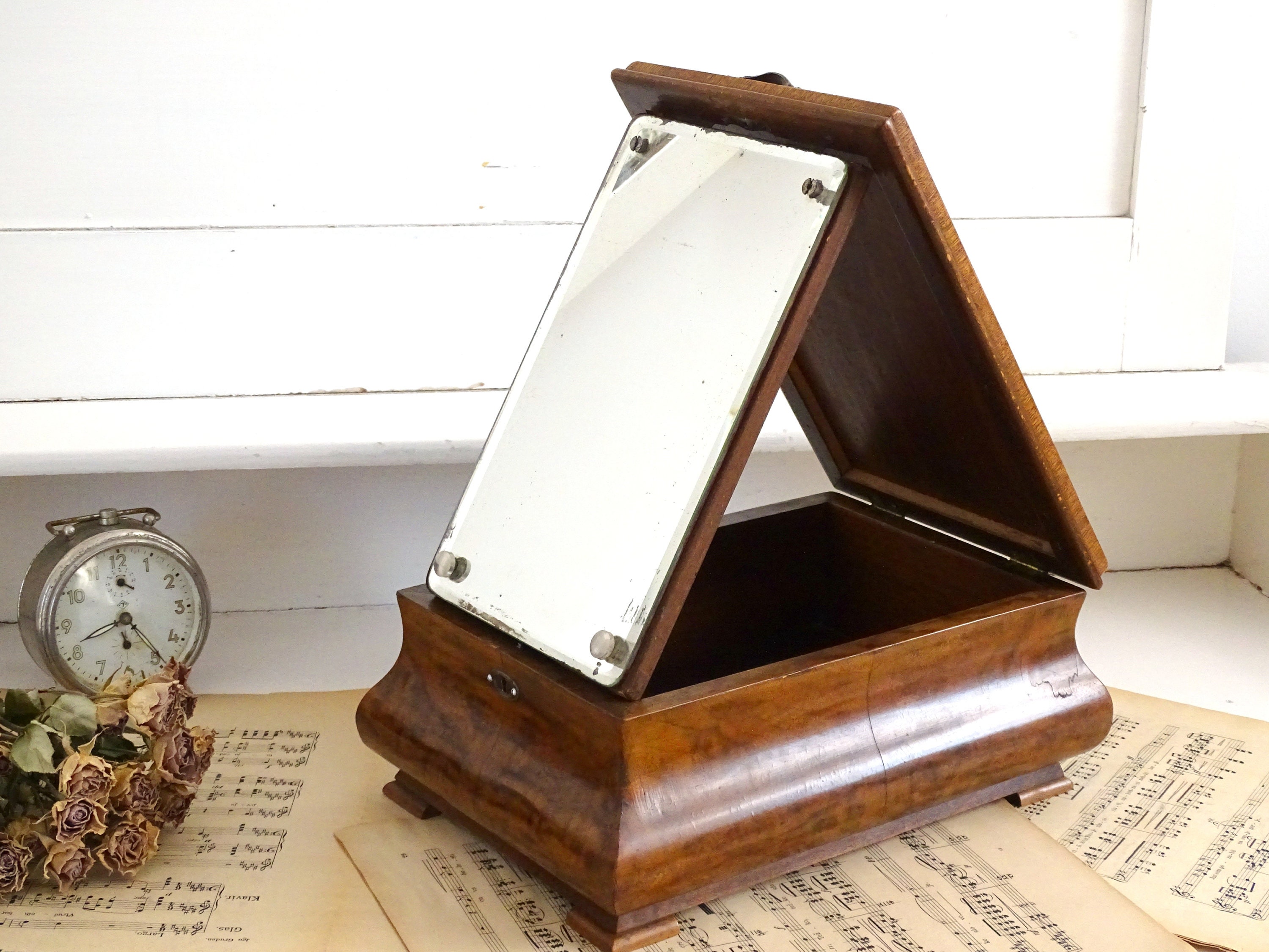 XL Antique Shaving Mirrored Box Art Deco Box w/ Drawer Walnut Etsy