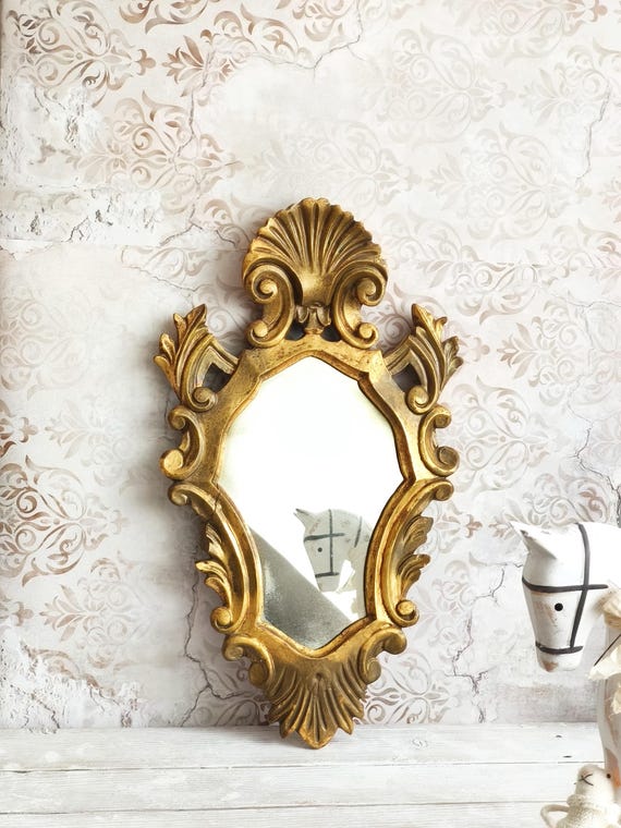 Antique Gold Rocaille Wood Wall Mirror Deep Carved Frame, Ornate Oval Vanity Boudoir Mirror, Statement Wall Decor