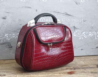 Maroon Train Case Faux Crocodile Leather: Vintage Travel Makeup Organizer