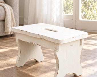 Distressed White Wood Step Stool, Rustic Farmhouse Plant Stand