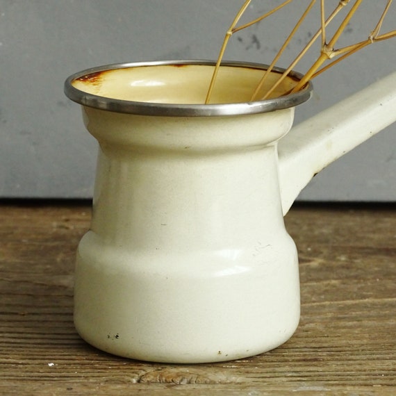 Beige Enamel Turkish Coffee Pot Handle Retro Enamelware Coffee