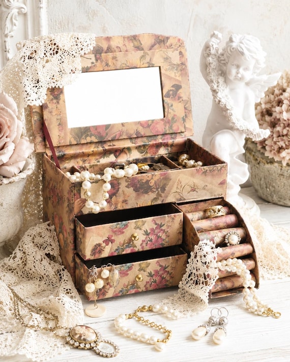 Floral Cardboard Jewelry Cabinet with Mirror, Jewelry Organizer, Dresser Storage Box, Chest of Drawers, Gift for Her