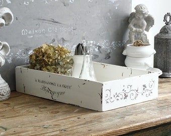 Grande boîte de caisse en bois blanc Français lettrage, boîte de rangement Shabby Chic en détresse, plateau en bois blanc, boîte décorative de ferme, organisateur de bureau