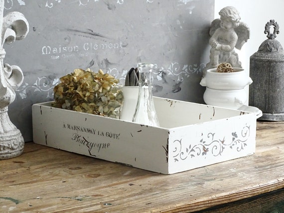 White Shabby Chic Crate, Large Wood Planter Box: French Country Floral Centerpiece