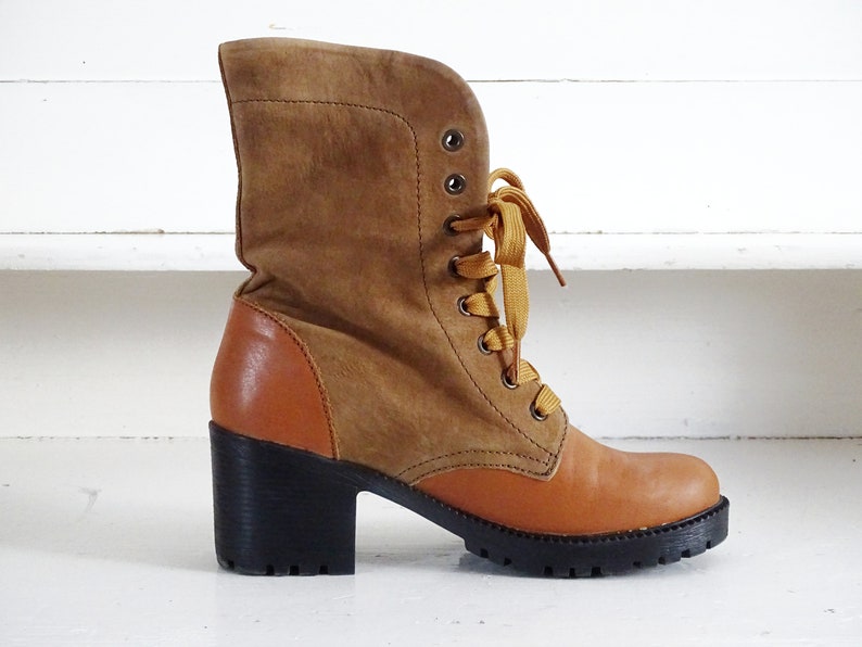 Suede Leather Ankle Boots Lace Up, Platform Mid Calf Boots Mid Chunky Heel, Cowboy Style Lace Up Boots, Leather Booties US 8.5 EU 39 UK 6.5 image 3