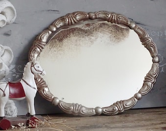 Ornate Metal Wall Mirror Flowers Scallops, Shabby Chic Oval Wall Hanging Mirror, Painted Distressed Metal Mirror, Vanity Boudoir Wall Mirror