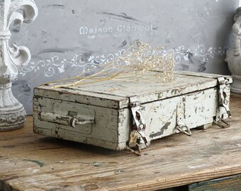 Antique Gray Wood Trunk Crate Box, Footlocker: Chippy Paint Steamer Trunk, Industrial Storage