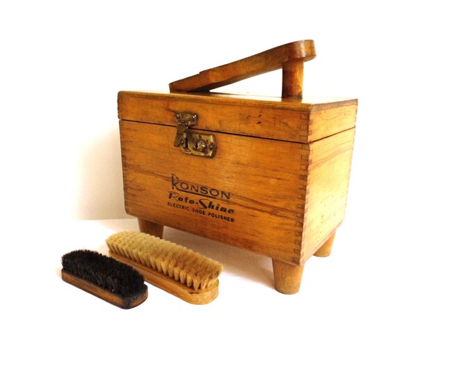 Vintage Wood Shoe Shine Box Stand Polish Brush Kit Caddy Shoe Etsy