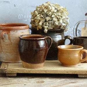 Frasco de pote de terracota antigo com alça, plantador de cerâmica rústica, suporte de pote de utensílios de cozinha de fazenda, pote de preservação francês, pote confit, vaso