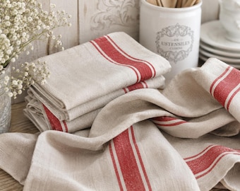 Set 2 Antique French Linen Tea Towels, Red Stripes, Unused Torchon Kitchen Towel