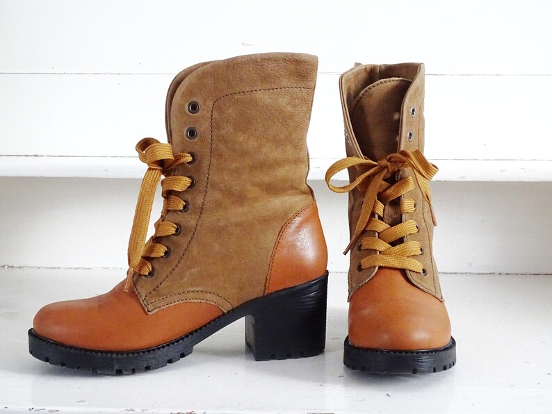 Suede Leather Ankle Boots Lace Up, Platform Mid Calf Boots Mid Chunky Heel, Cowboy Style Lace Up Boots, Leather Booties US 8.5 EU 39 UK 6.5 image 2