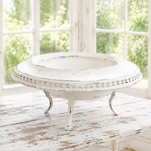 Distressed White Metal Pedestal Bowl, Hand Hammered Brass, Ornate Legs, Centerpiece Jardiniere