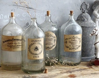 Antique French Apothecary Bottle: Large Clear Glass Jar with Cork Stopper