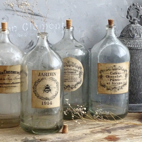 1 pot de bouteille de médecine d’apothicaire antique Français étiquette, pot de bouteille en verre clair, grand laboratoire médical pharmacie chimiste bouteille bouchon en liège