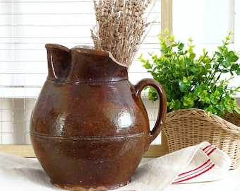 Large Antique Pottery Pitcher Jar with Handle, Primitive Ceramic Vase, Rustic Pottery Wine Water Pitcher